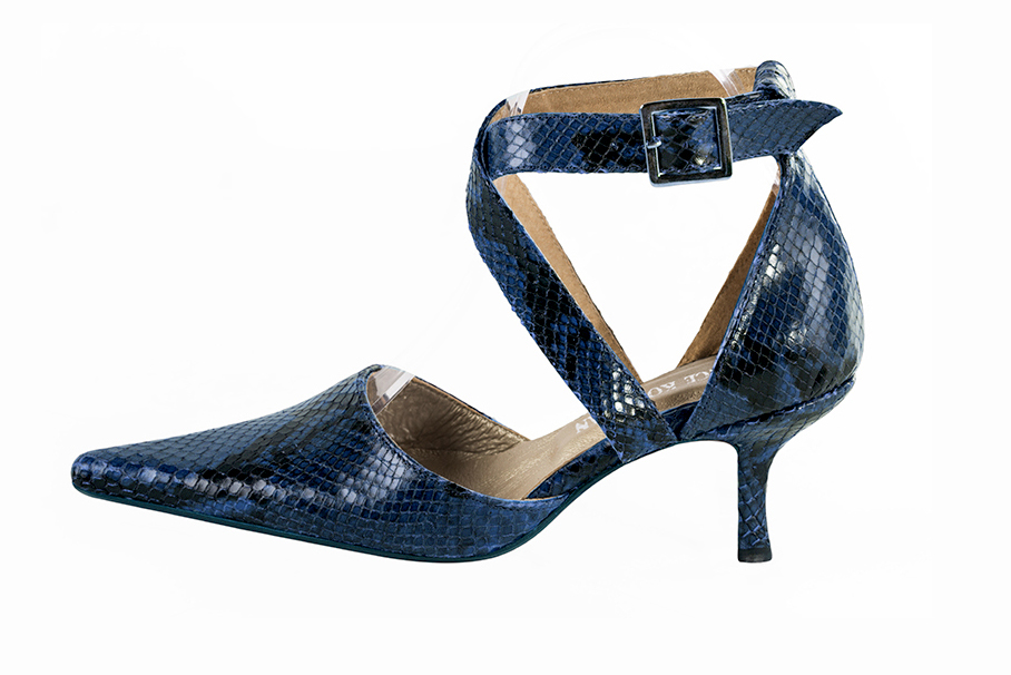 Navy blue women's open side shoes, with crossed straps. Pointed toe. High slim heel - Florence KOOIJMAN